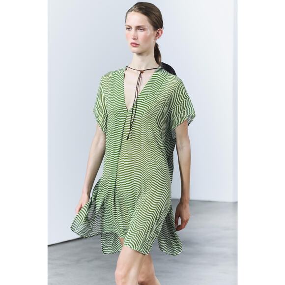 Zara Oversized Top Womens L Green Silk Wavy Stripe Coastal Beachy Mediterranean - Picture 1 of 8